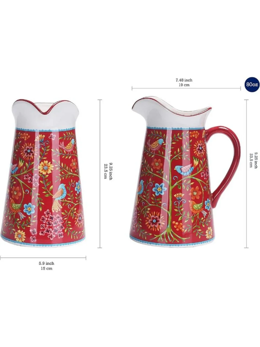 Red Ceramic Pitcher 2.5 Quarts with Handle - Decorative Vase for Flowers